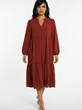 Rust Tiered Long-Sleeve Midi Dress